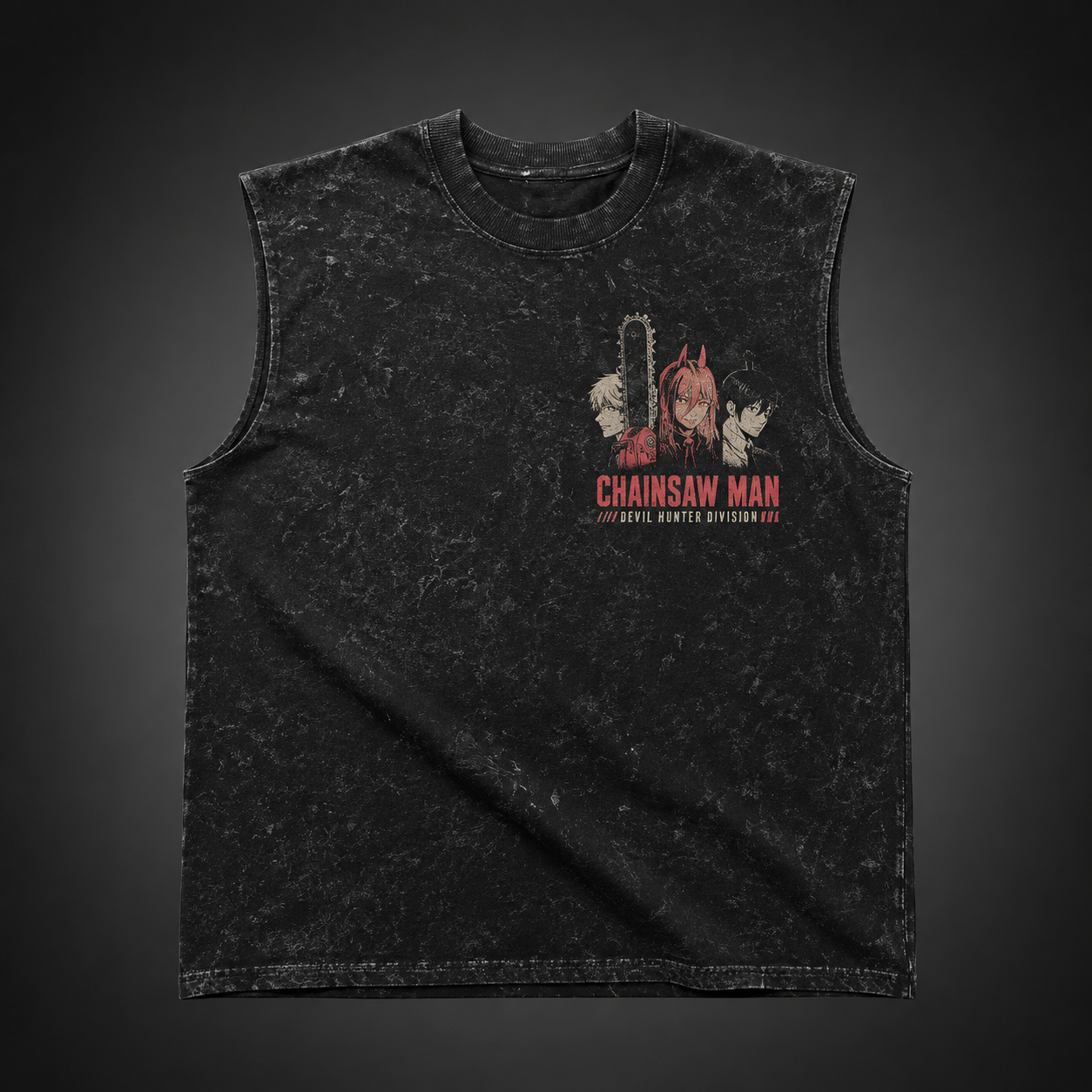 Washed black tank top with Denji, Power, Aki Hayakawa Chainsaw Man Extermination Squad graphic – photo 2