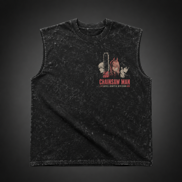 Washed black tank top with Denji, Power, Aki Hayakawa Chainsaw Man Extermination Squad graphic – photo 2