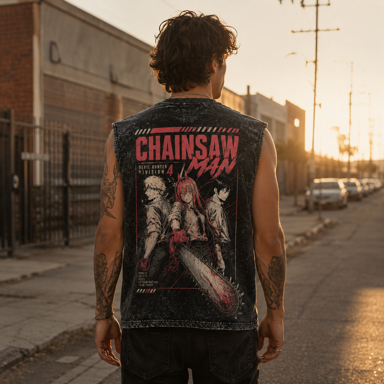Washed black tank top with Denji, Power, Aki Hayakawa Chainsaw Man Extermination Squad graphic – photo 3