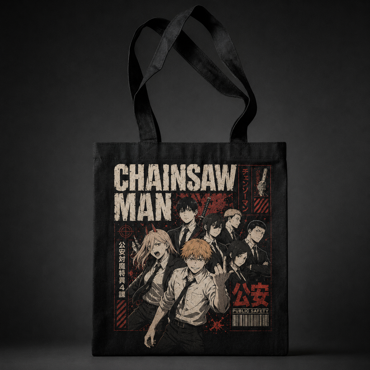 Black tote bag with Denji, Power, Aki Hayakawa, Himeno, Kobeni, Hirokazu Arai (Chainsaw Man) Squad Assemble graphic – photo 1