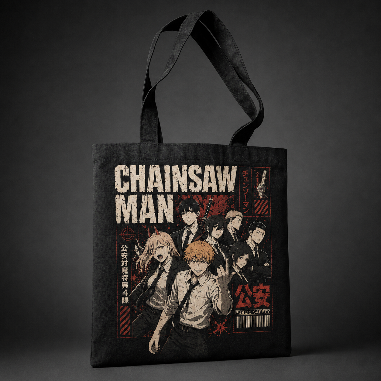 Black tote bag with Denji, Power, Aki Hayakawa, Himeno, Kobeni, Hirokazu Arai (Chainsaw Man) Squad Assemble graphic – photo 2