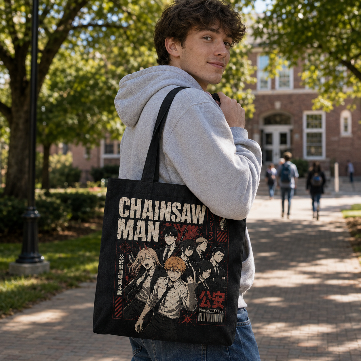 Black tote bag with Denji, Power, Aki Hayakawa, Himeno, Kobeni, Hirokazu Arai (Chainsaw Man) Squad Assemble graphic – photo 3