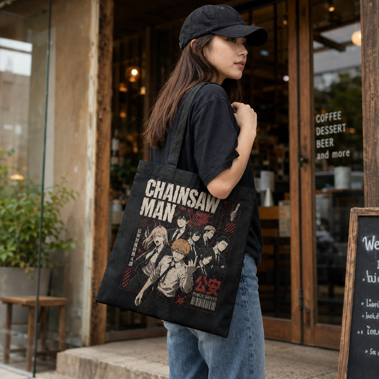 Black tote bag with Denji, Power, Aki Hayakawa, Himeno, Kobeni, Hirokazu Arai (Chainsaw Man) Squad Assemble graphic – photo 4