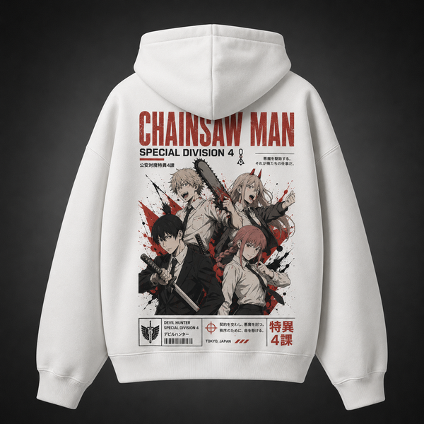 White hoodie with Denji, Power, Aki Hayakawa, Makima Chainsaw Man Special Division Four graphic – photo 1