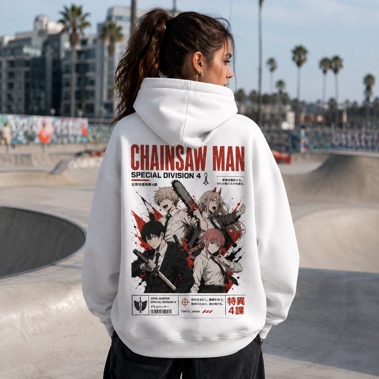 White hoodie with Denji, Power, Aki Hayakawa, Makima Chainsaw Man Special Division Four graphic – photo 3