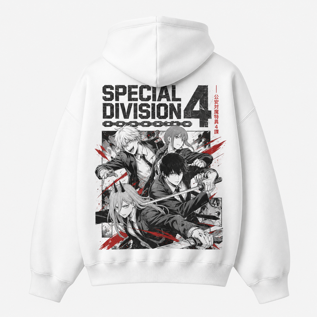 White hoodie with Denji, Power, Makima, Aki Hayakawa Chainsaw Man Division Four Clash graphic – photo 1