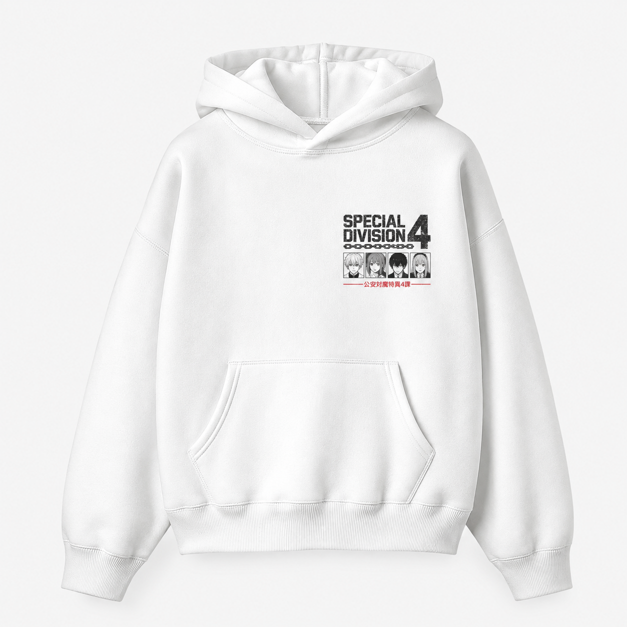 White hoodie with Denji, Power, Makima, Aki Hayakawa Chainsaw Man Division Four Clash graphic – photo 2