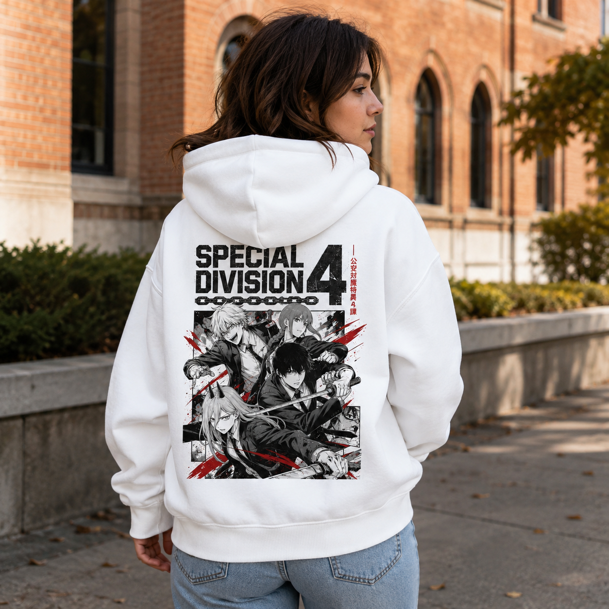 White hoodie with Denji, Power, Makima, Aki Hayakawa Chainsaw Man Division Four Clash graphic – photo 3