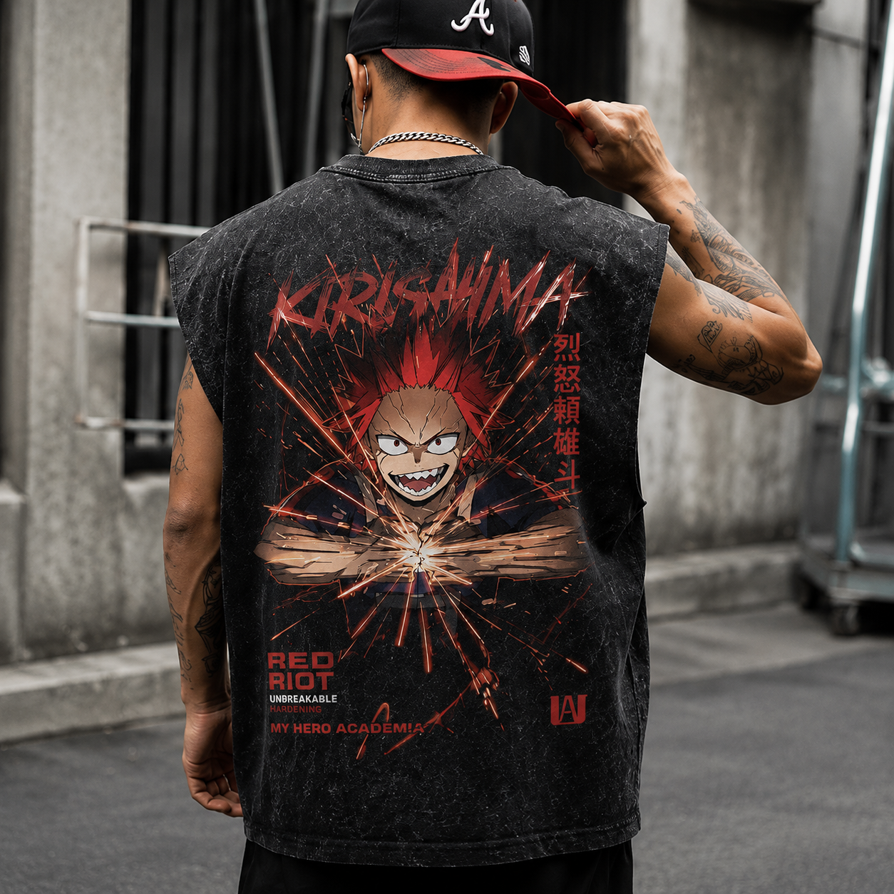 Washed black tank top with Eijiro Kirishima My Hero Academia Red Riot Unbreakable graphic – photo 3