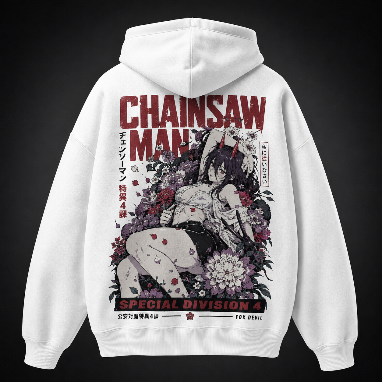 White hoodie with Fox Devil girl Chainsaw Man Fox Devil Blossoms graphic – photo 1