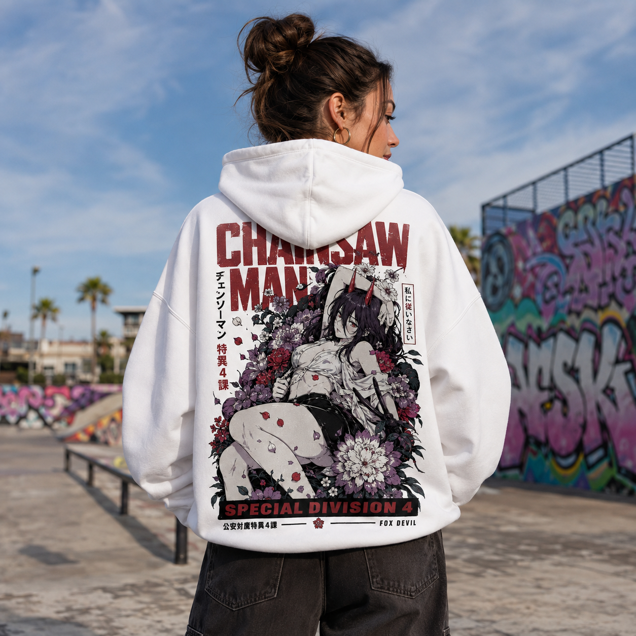 White hoodie with Fox Devil girl Chainsaw Man Fox Devil Blossoms graphic – photo 3