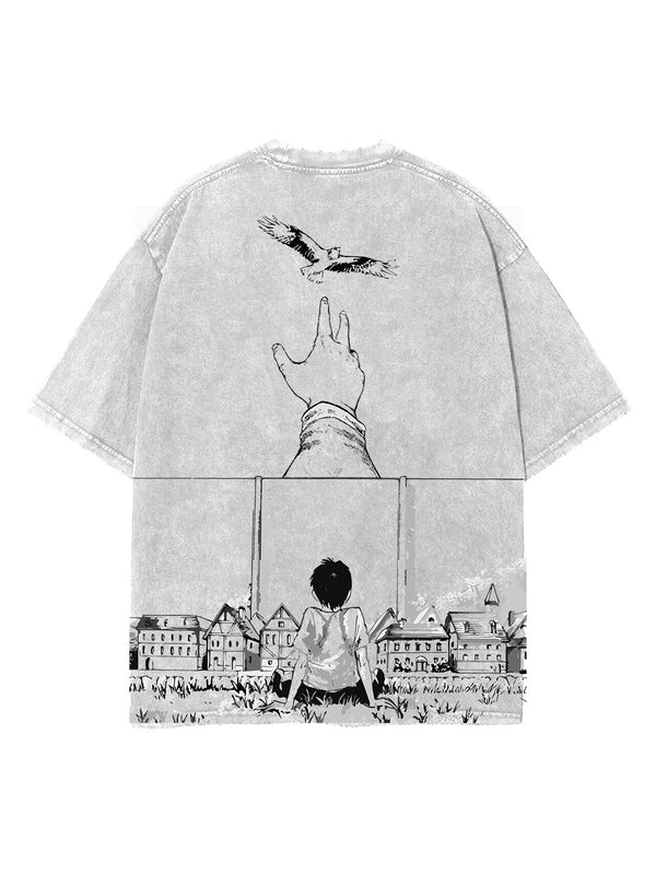 Washed white t-shirt with Eren Yeager Attack On Titan Freedom Above All graphic – photo 1