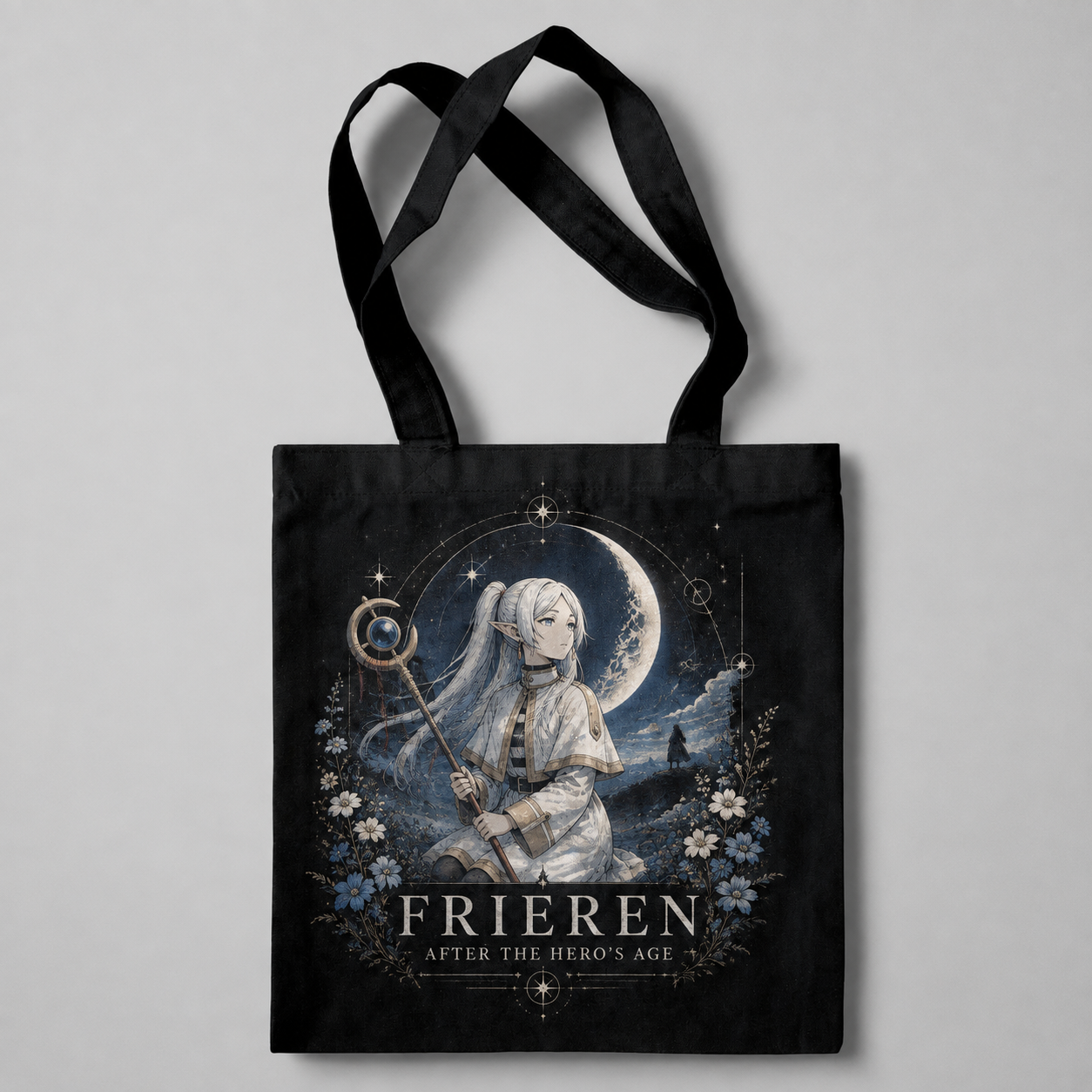 Black tote bag with Frieren After Heros Age graphic – photo 1