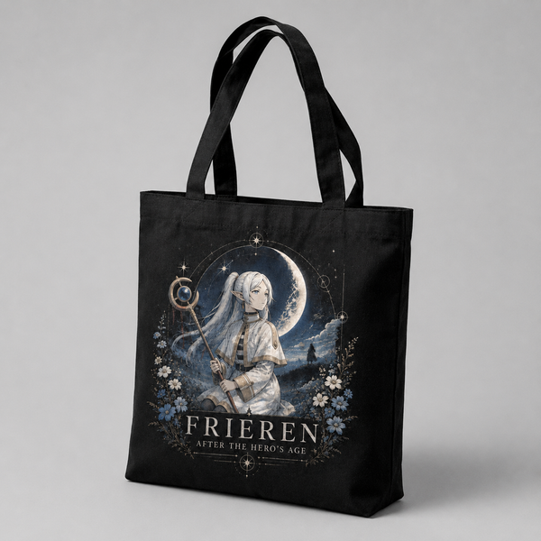 Black tote bag with Frieren After Heros Age graphic – photo 2