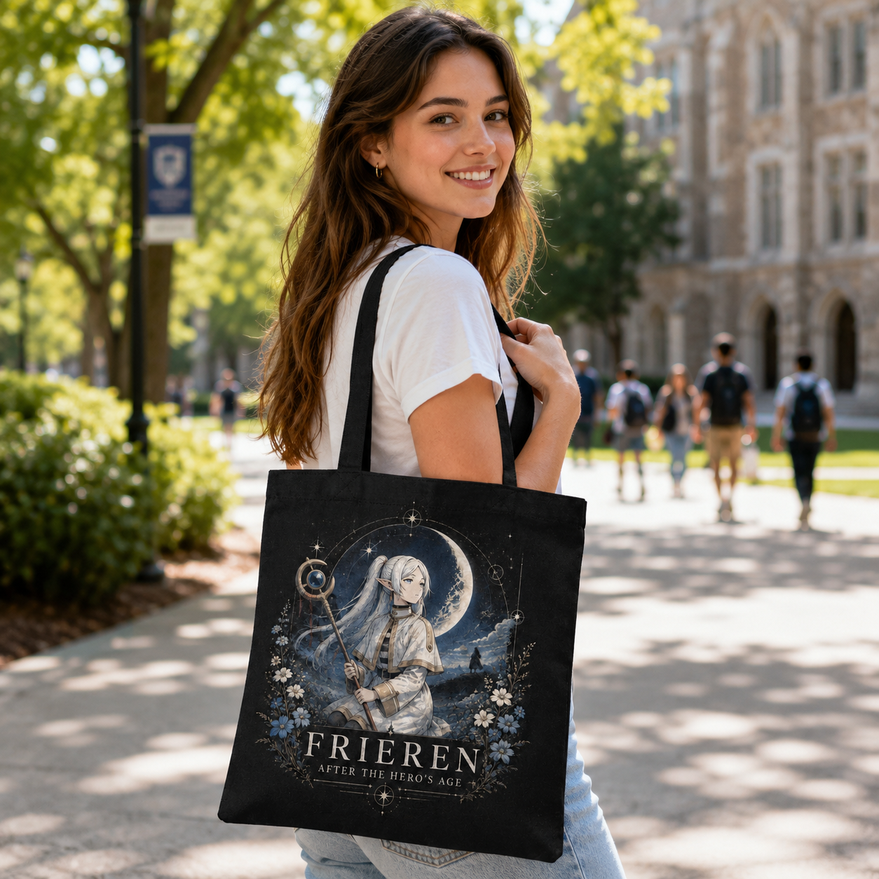 Black tote bag with Frieren After Heros Age graphic – photo 3