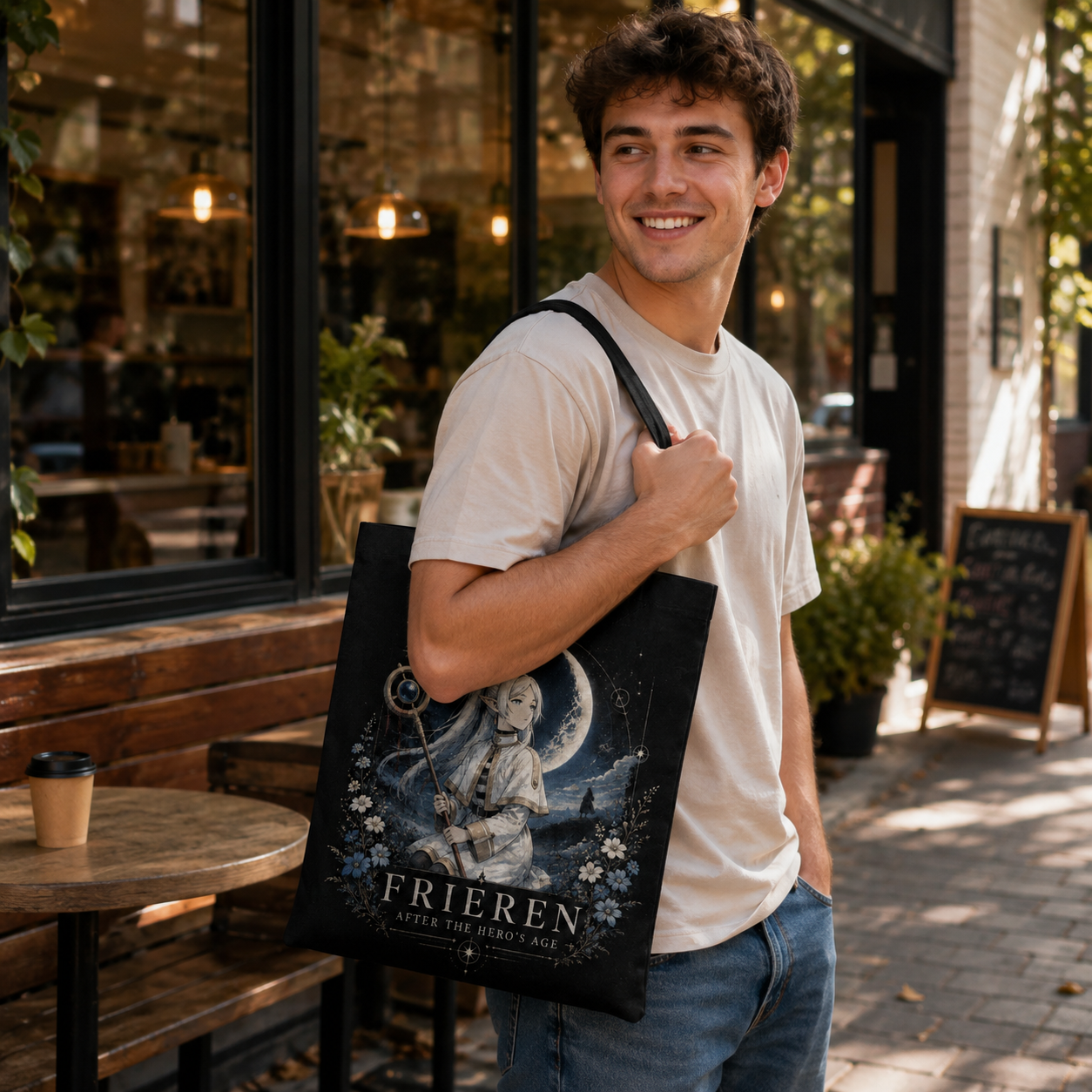 Black tote bag with Frieren After Heros Age graphic – photo 4