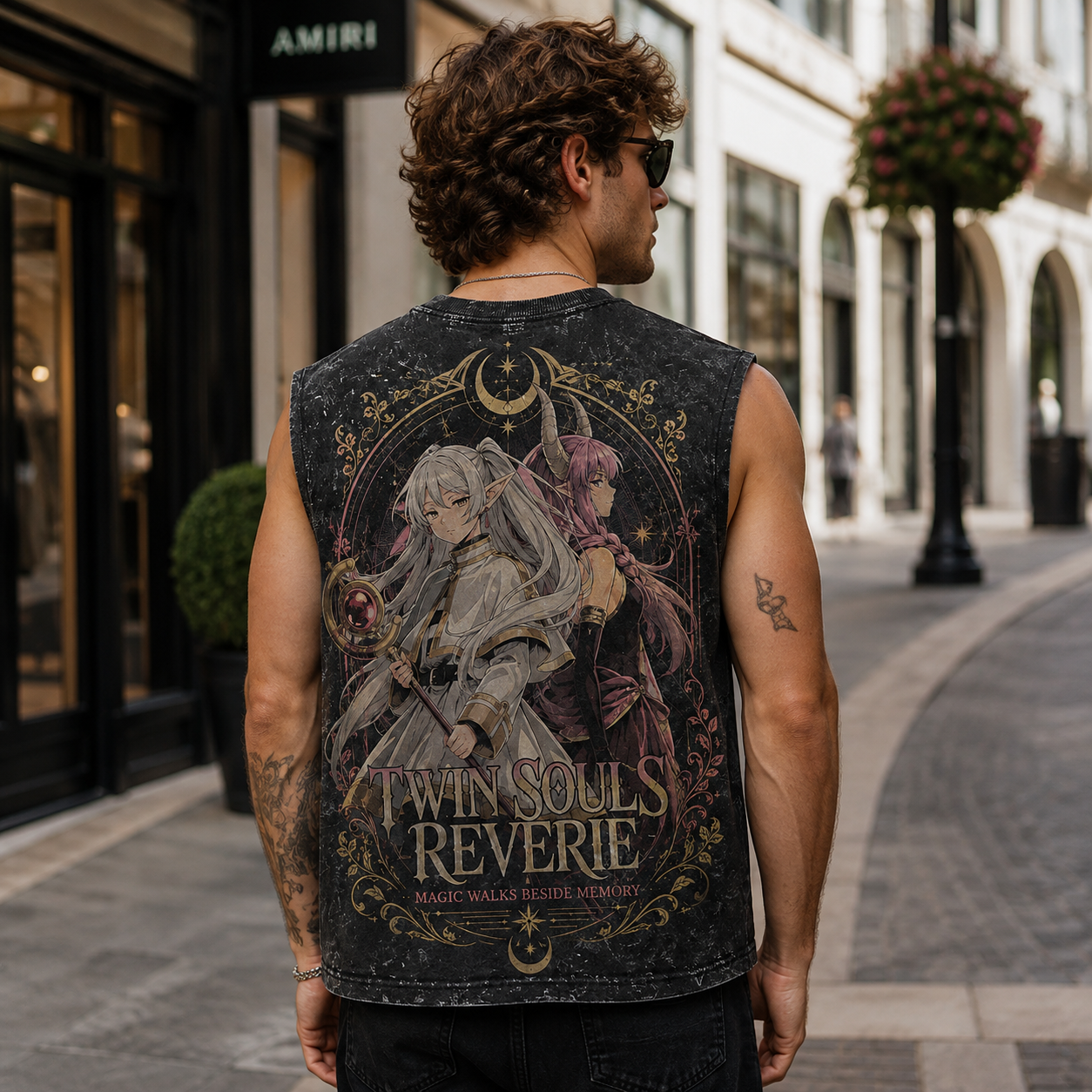 Washed black tank top with Frieren, Aura Twin Souls graphic – photo 3