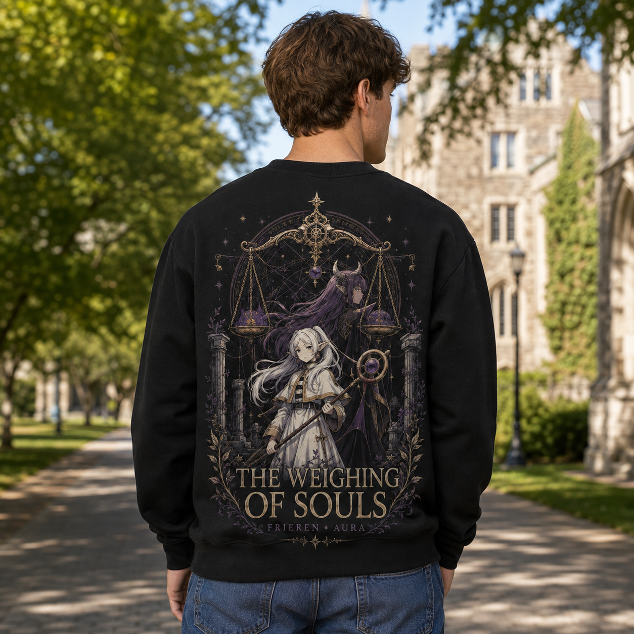 Black sweatshirt with Frieren, Aura Weighing Of Souls graphic – photo 3