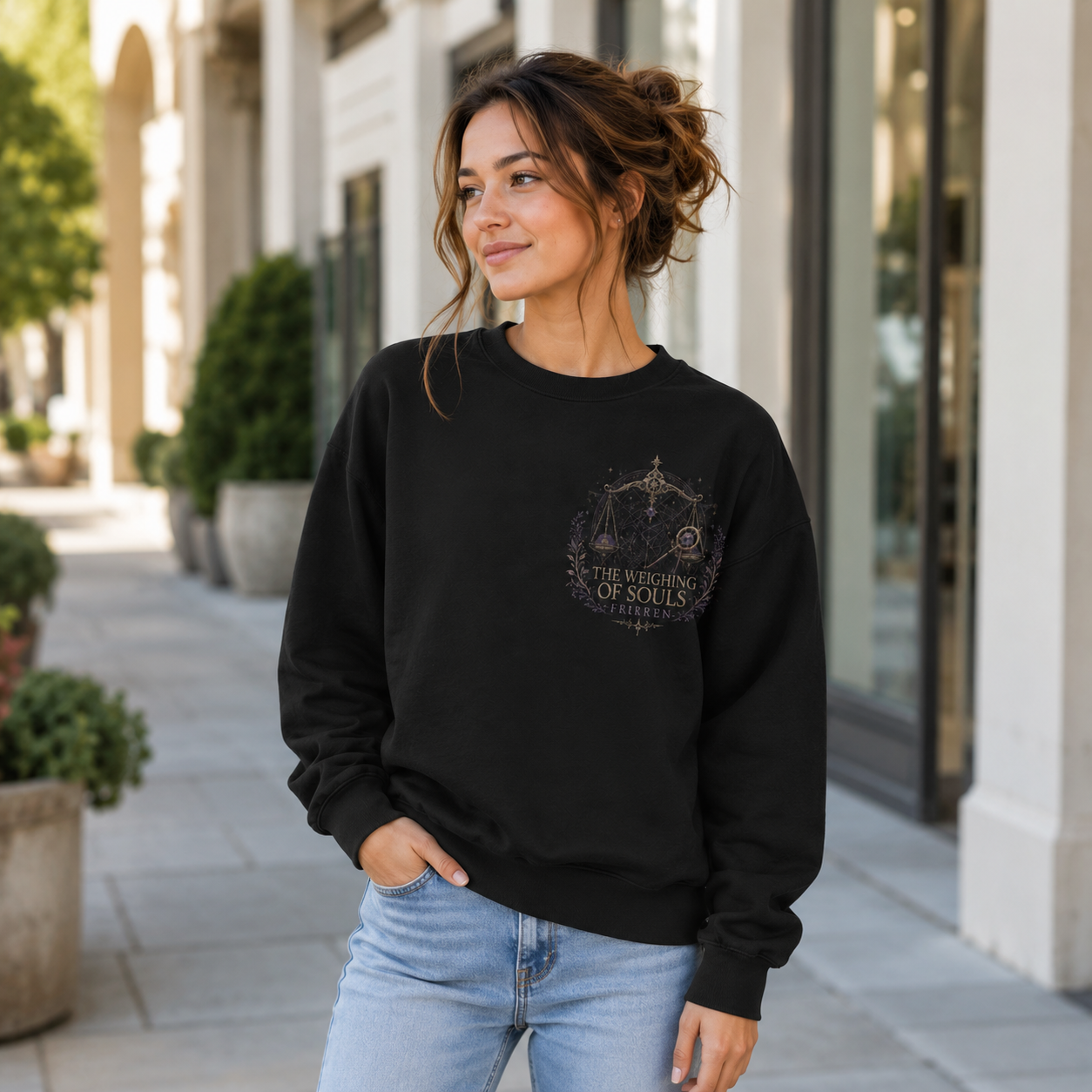 Black sweatshirt with Frieren, Aura Weighing Of Souls graphic – photo 4