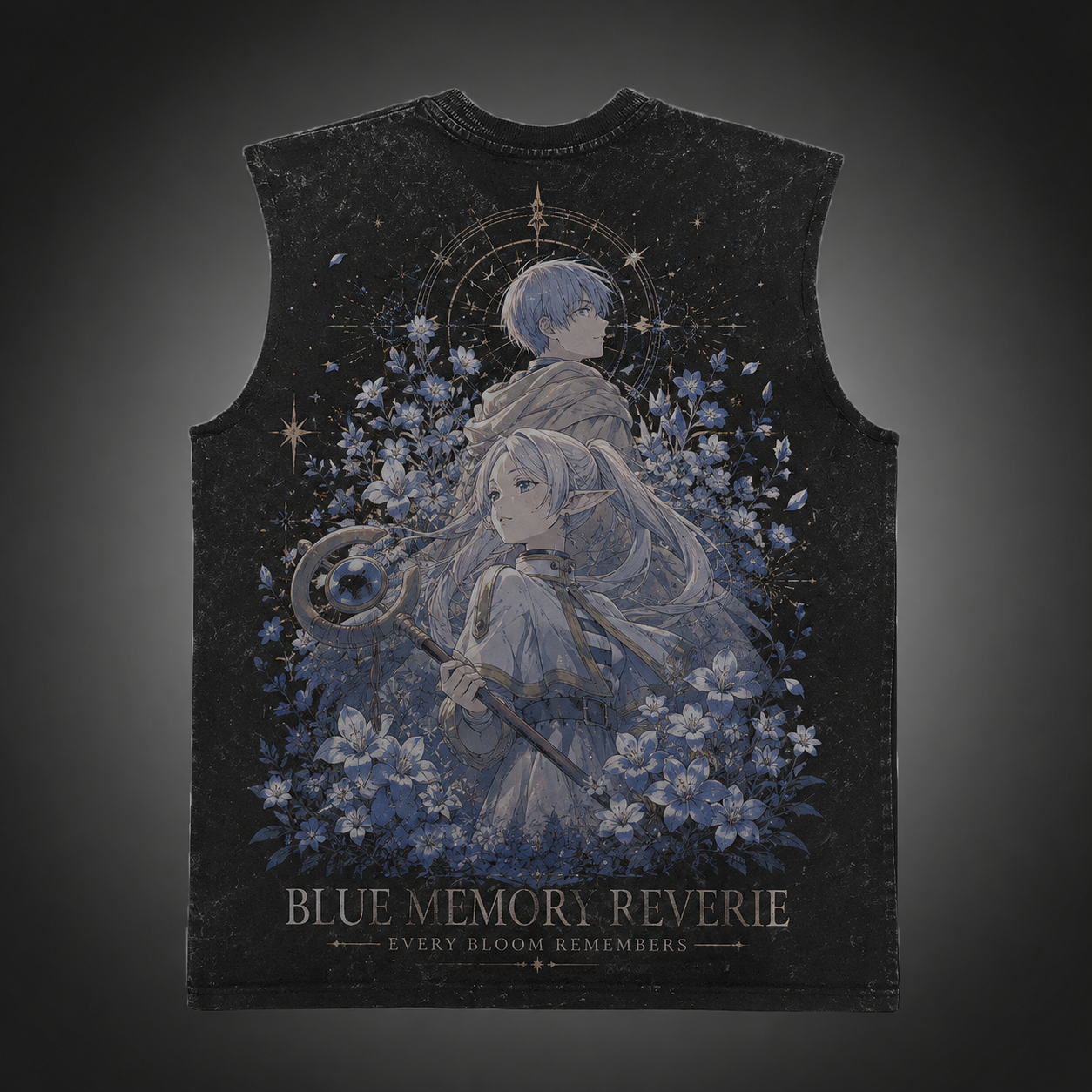Washed black tank top with Frieren Blue Memory Reverie graphic – photo 1