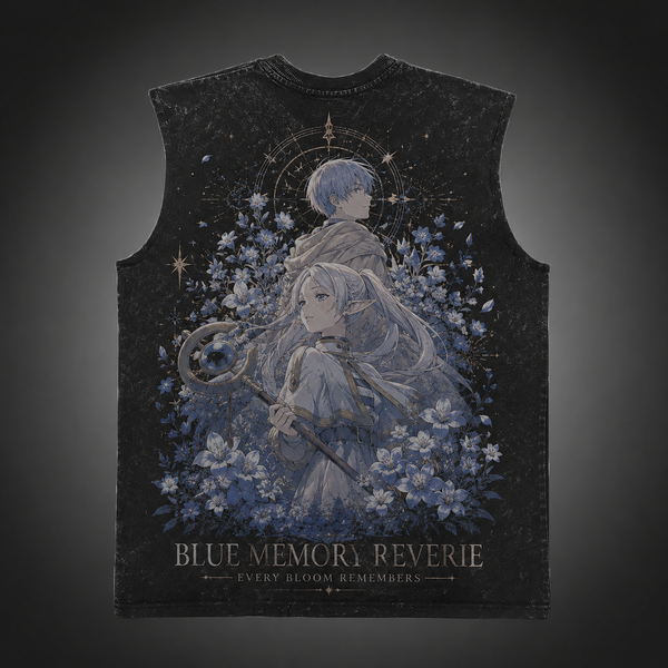 Washed black tank top with Frieren Blue Memory Reverie graphic – photo 1