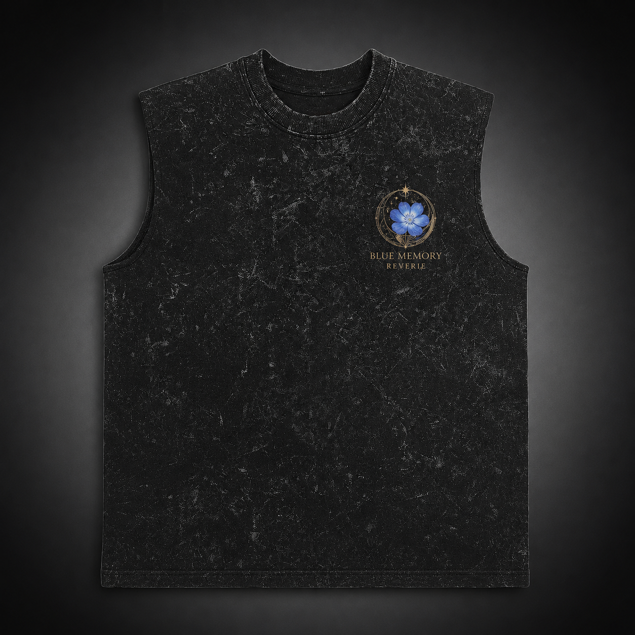 Washed black tank top with Frieren Blue Memory Reverie graphic – photo 2