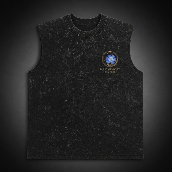Washed black tank top with Frieren Blue Memory Reverie graphic – photo 2