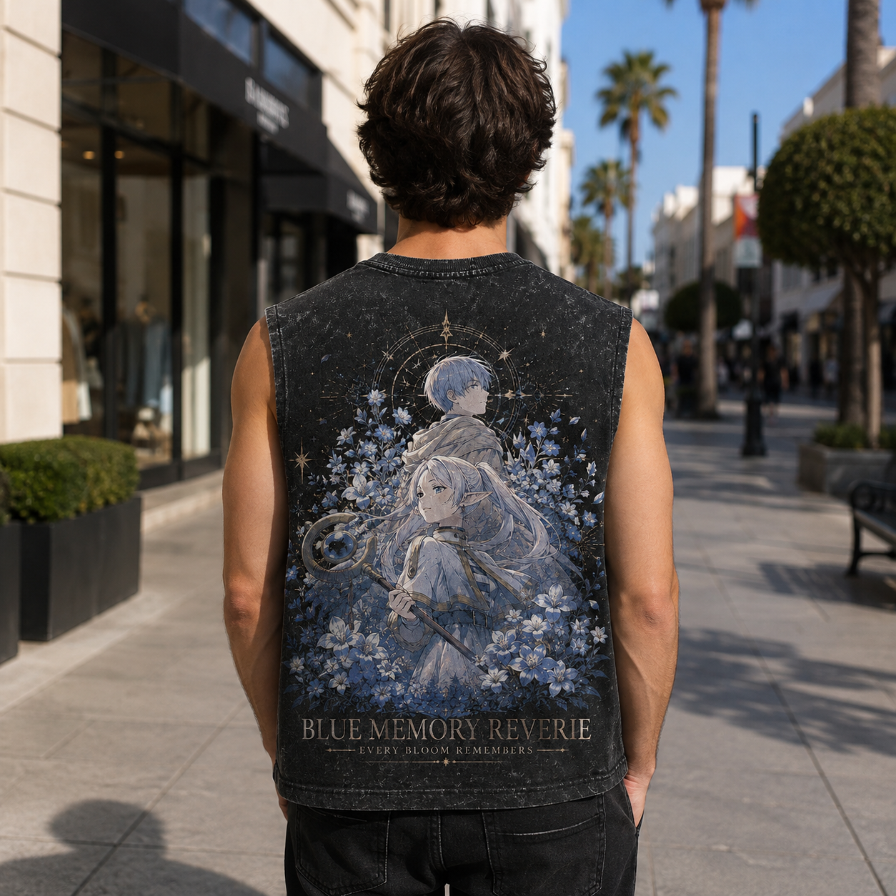 Washed black tank top with Frieren Blue Memory Reverie graphic – photo 3