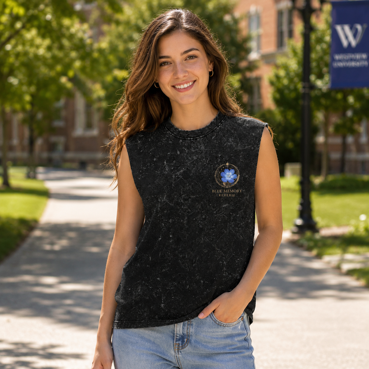 Washed black tank top with Frieren Blue Memory Reverie graphic – photo 4