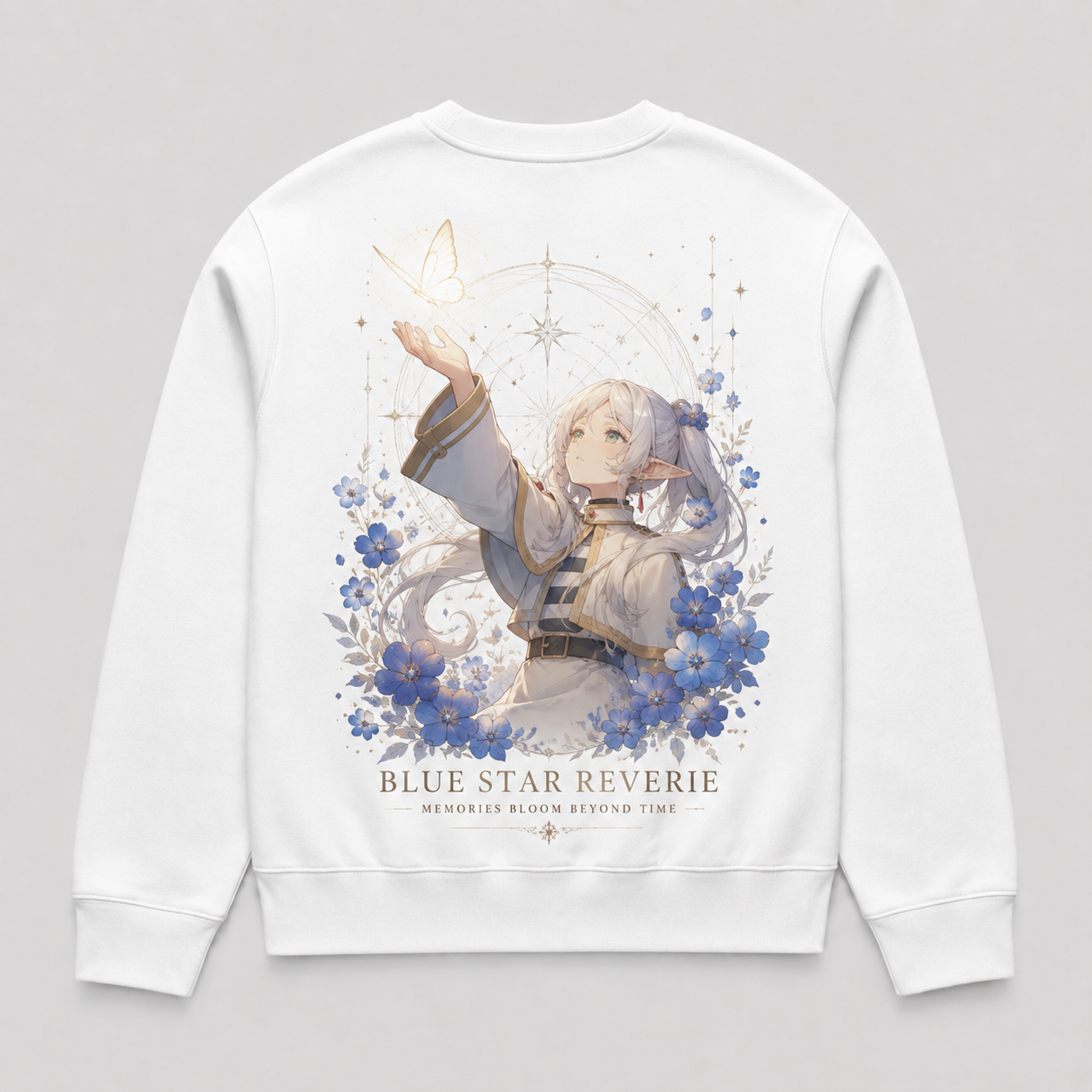 White sweatshirt with Frieren Blue Star Reverie graphic – photo 1