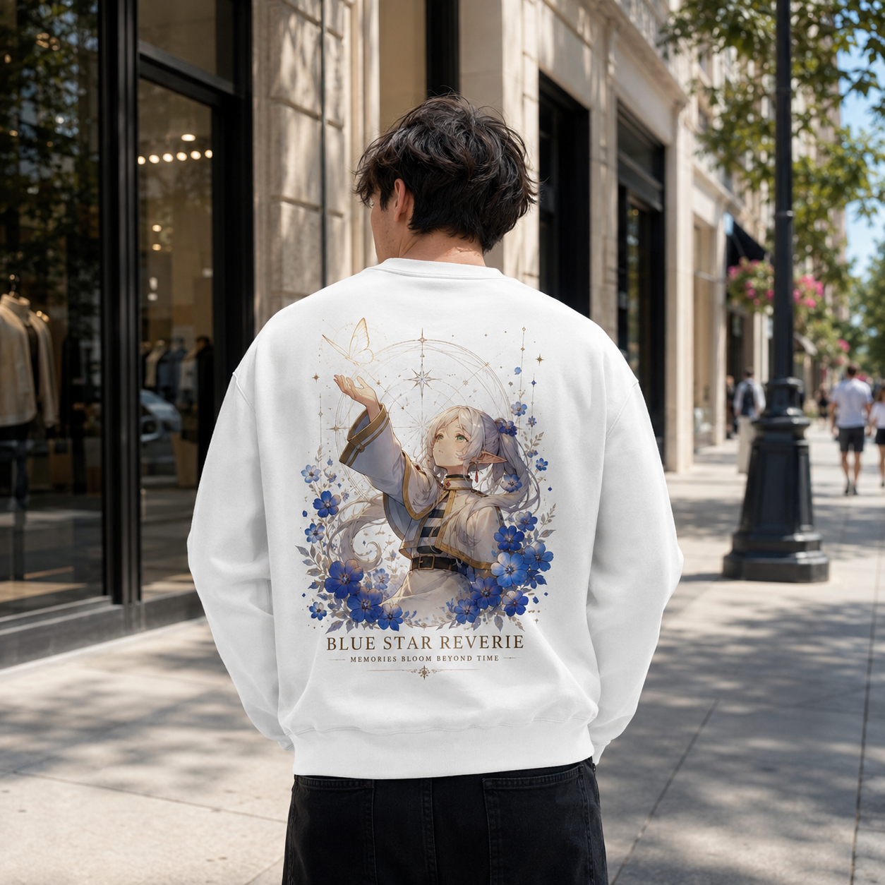 White sweatshirt with Frieren Blue Star Reverie graphic – photo 3