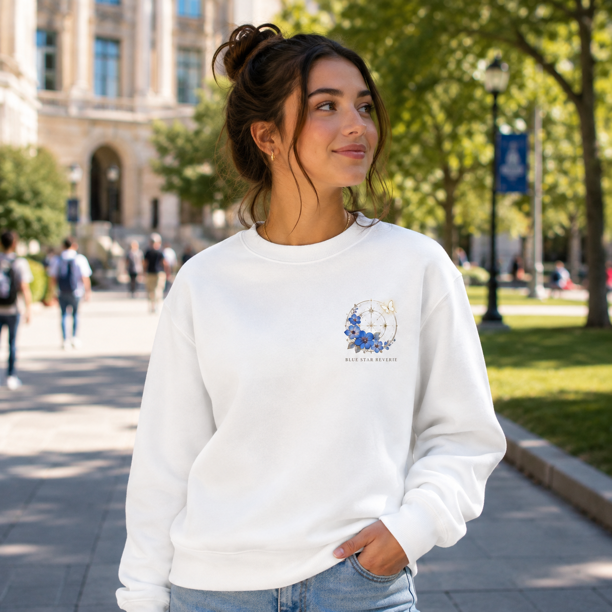 White sweatshirt with Frieren Blue Star Reverie graphic – photo 4