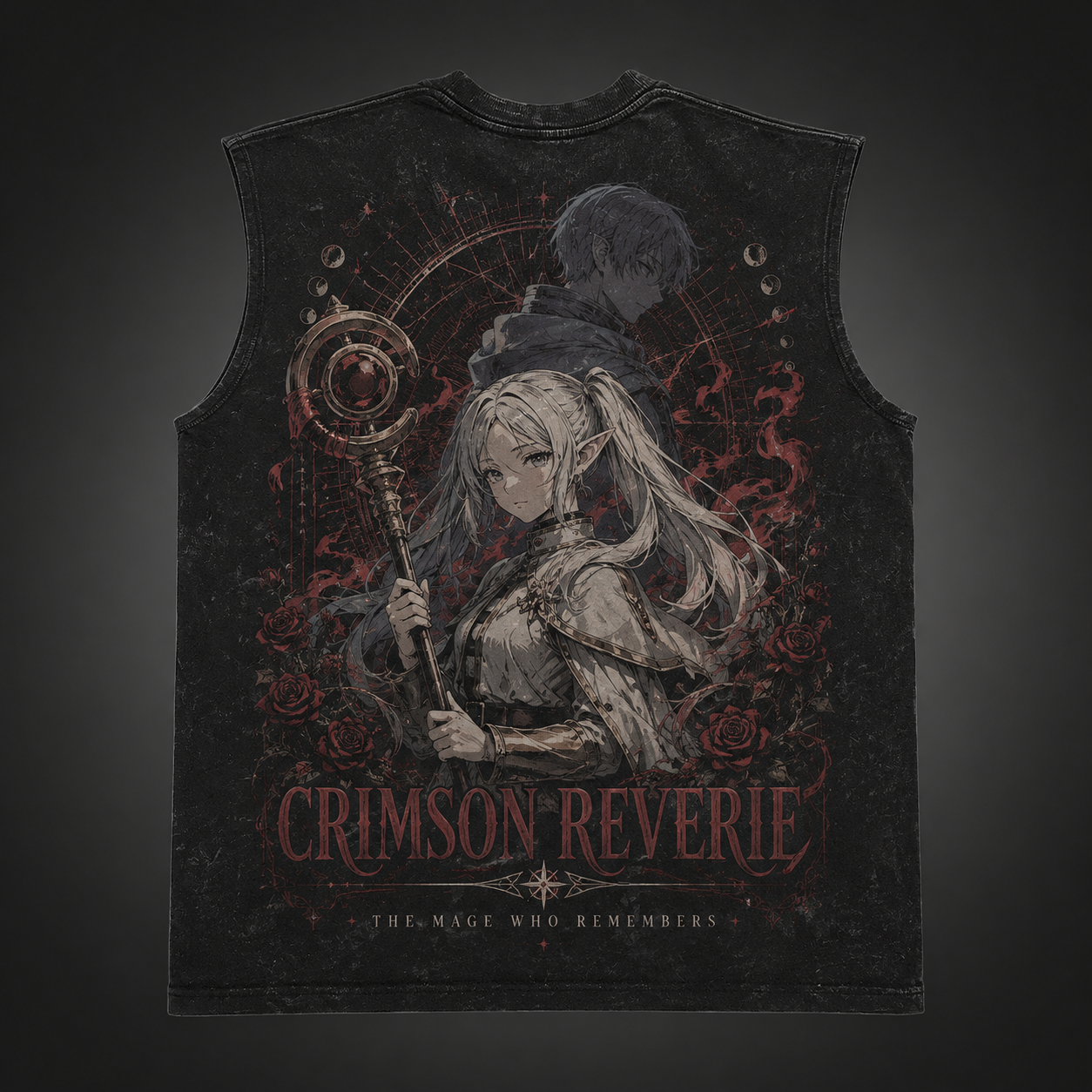 Washed black tank top with Frieren Crimson Reverie graphic – photo 1