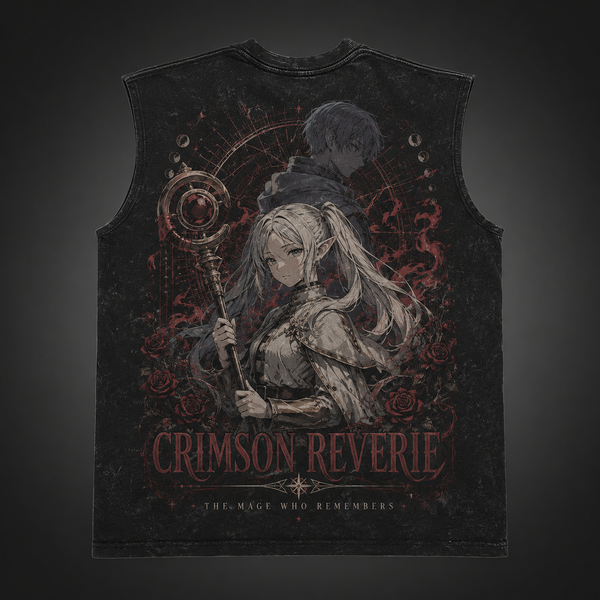 Washed black tank top with Frieren Crimson Reverie graphic – photo 1