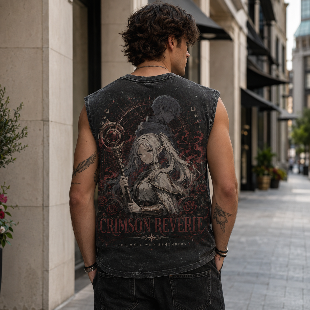 Washed black tank top with Frieren Crimson Reverie graphic – photo 3