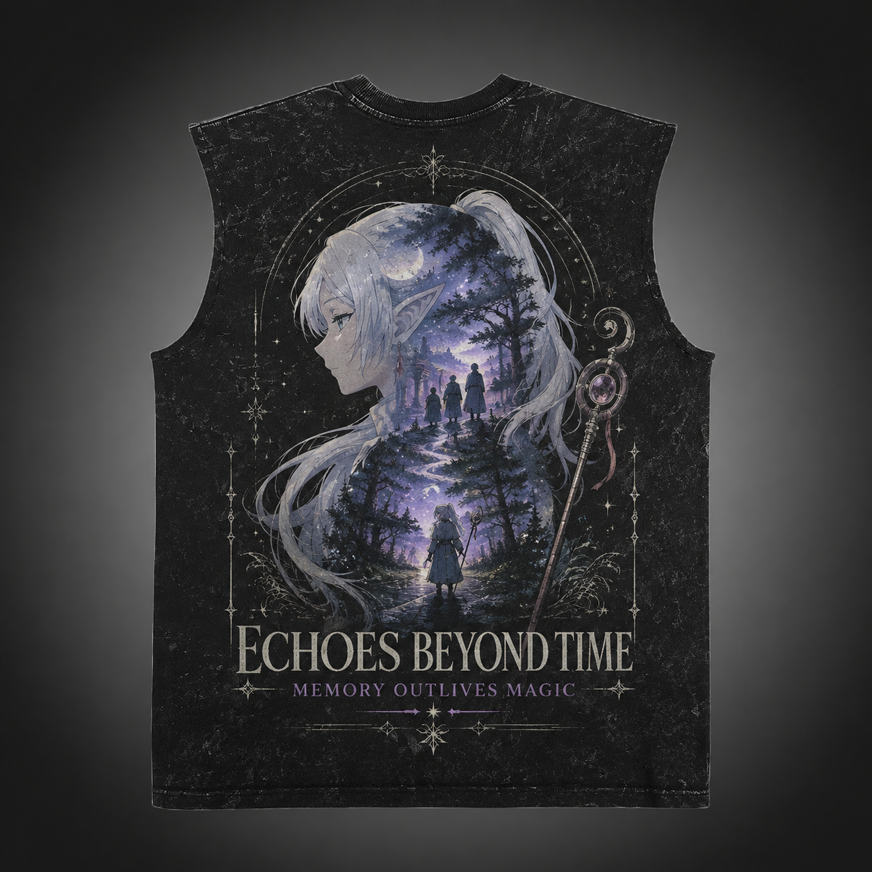 Washed black tank top with Frieren Echoes Beyond graphic – photo 1