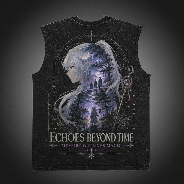 Washed black tank top with Frieren Echoes Beyond graphic – photo 1