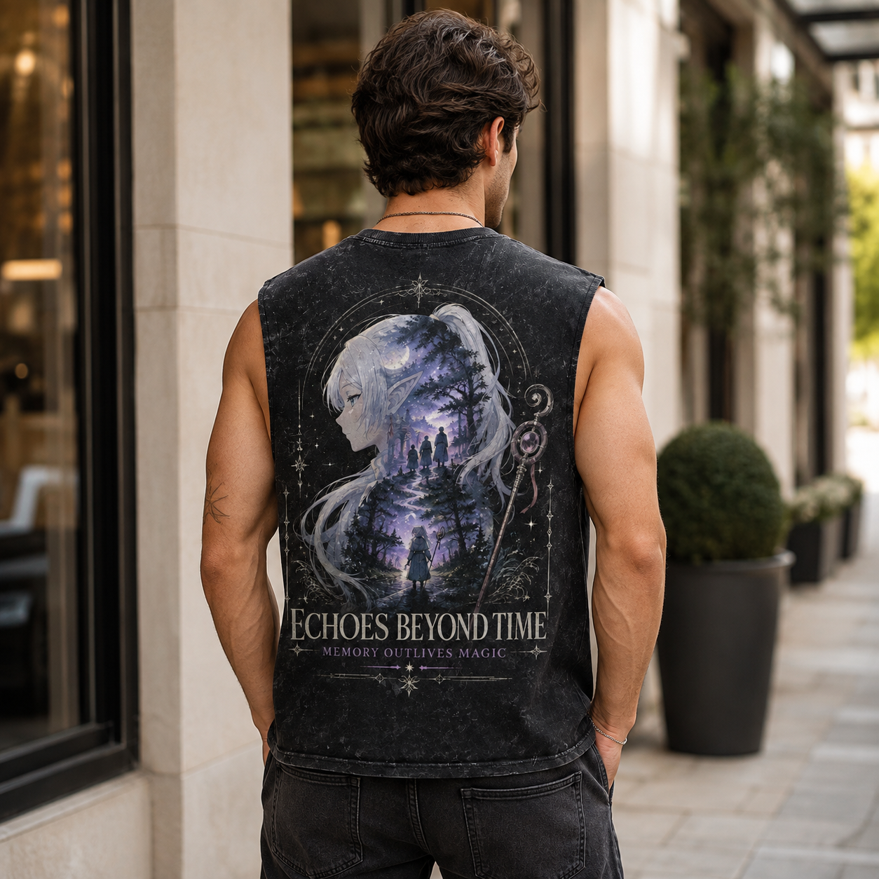 Washed black tank top with Frieren Echoes Beyond graphic – photo 3