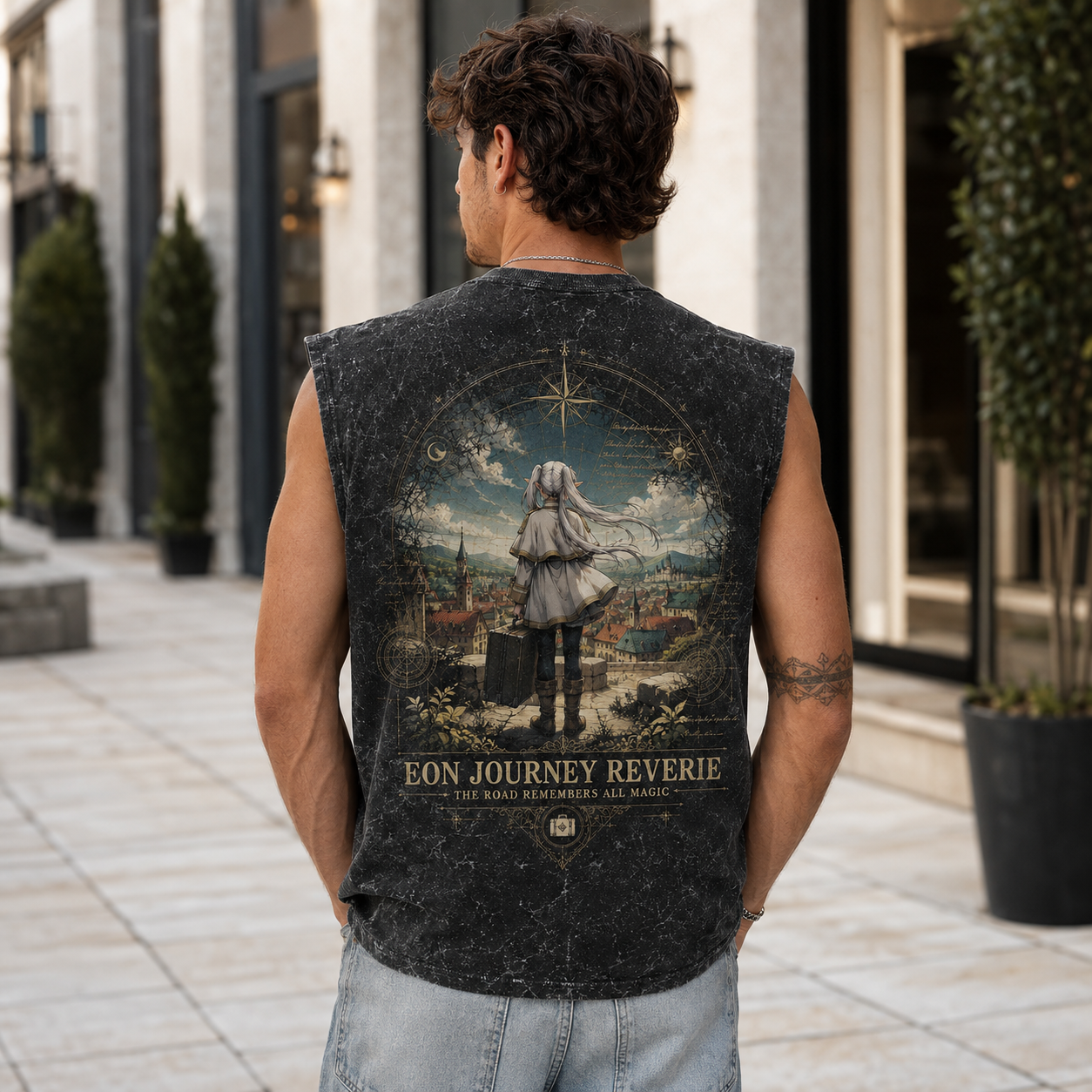 Washed black tank top with Frieren Eon Journey graphic – photo 3