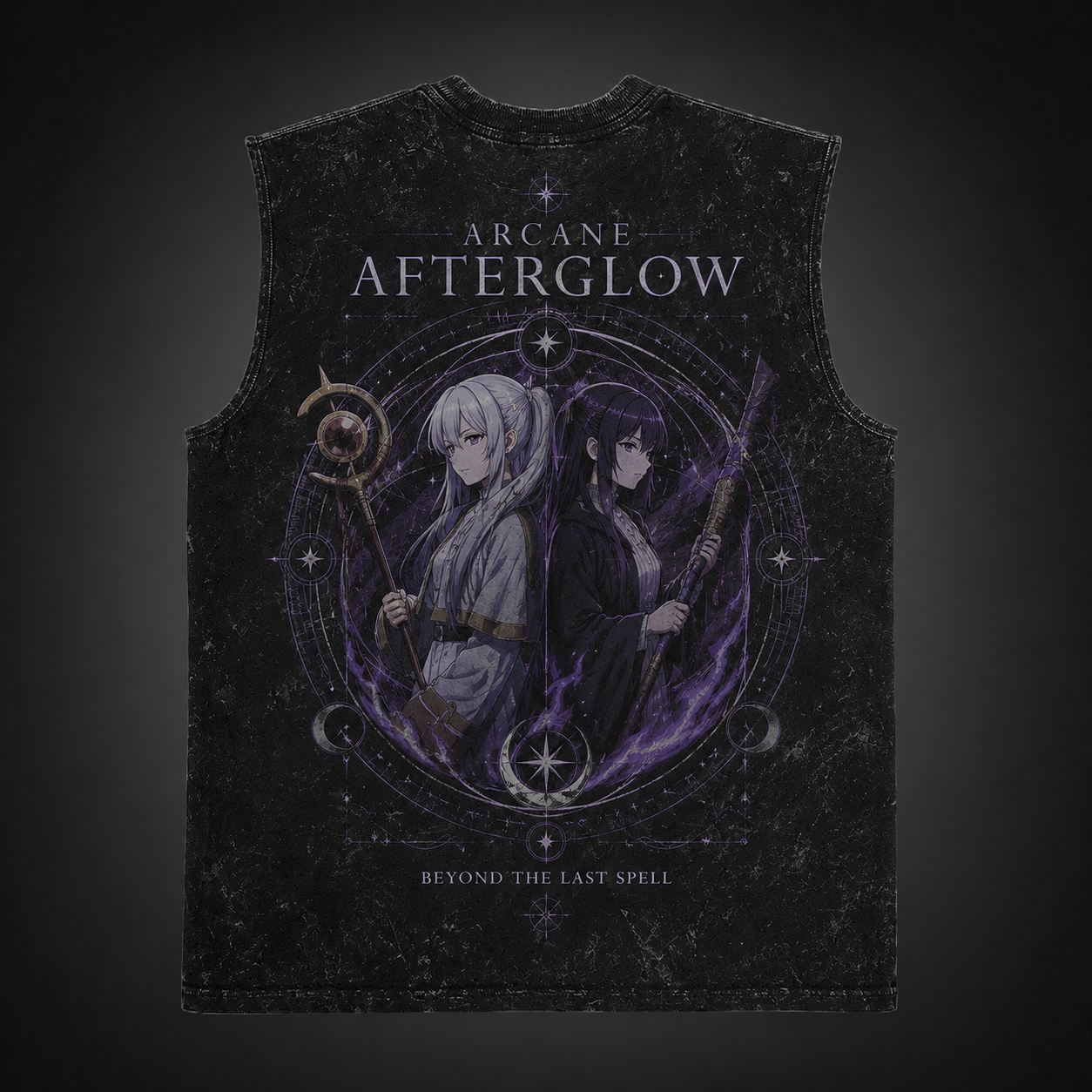 Washed black tank top with Frieren, Fern Arcane Afterglow graphic – photo 1