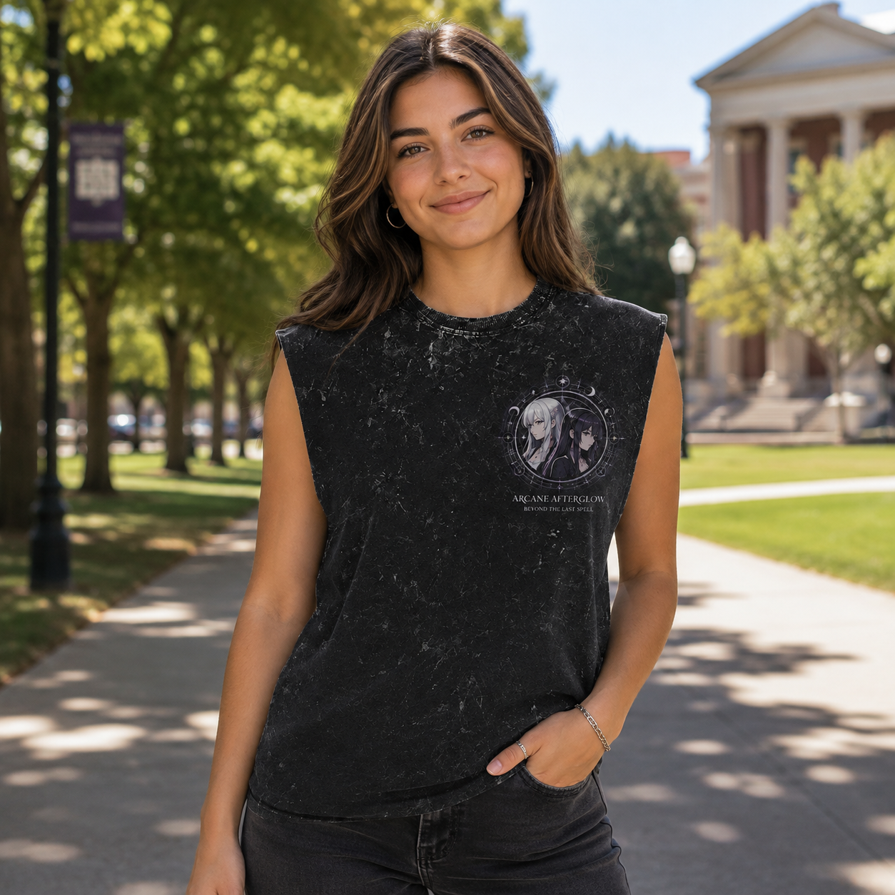 Washed black tank top with Frieren, Fern Arcane Afterglow graphic – photo 4