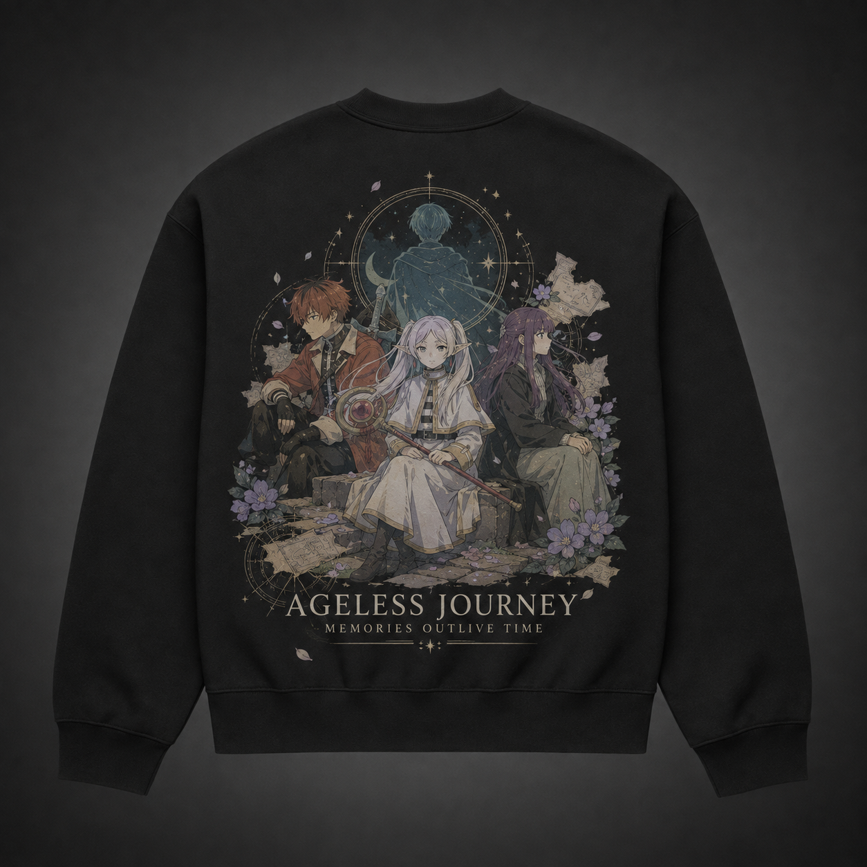 Black sweatshirt with Frieren, Fern, Stark Ageless Journey graphic – photo 1