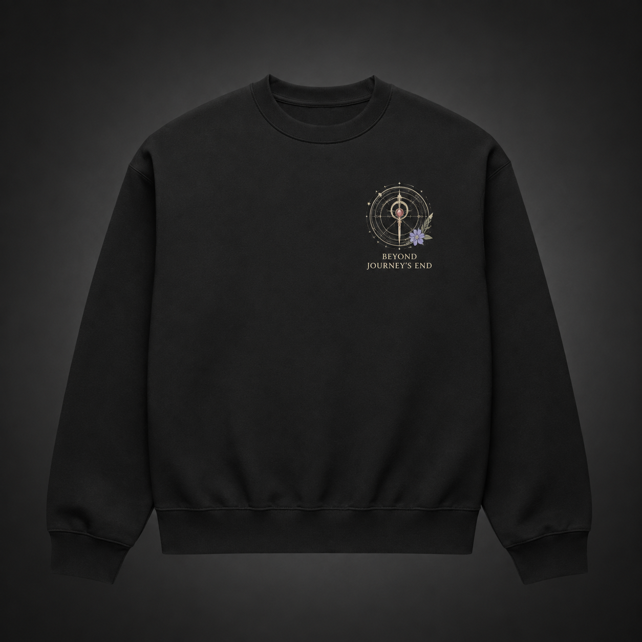 Black sweatshirt with Frieren, Fern, Stark Ageless Journey graphic – photo 2
