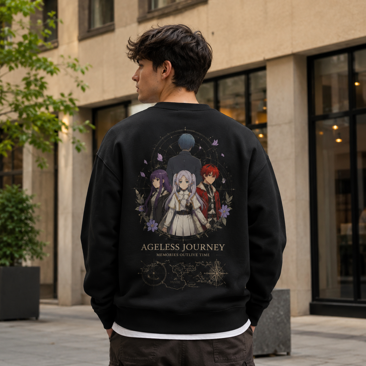 Black sweatshirt with Frieren, Fern, Stark Ageless Journey graphic – photo 3