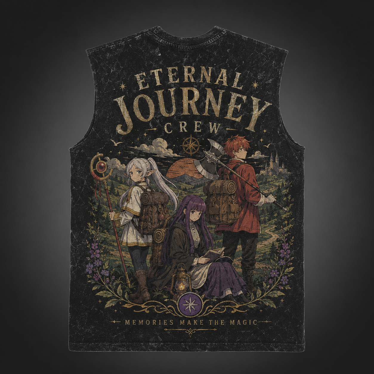 Washed black tank top with Frieren, Fern, Stark Eternal Journey Crew graphic – photo 1