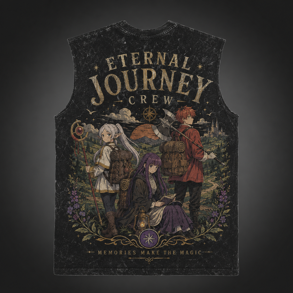 Washed black tank top with Frieren, Fern, Stark Eternal Journey Crew graphic – photo 1