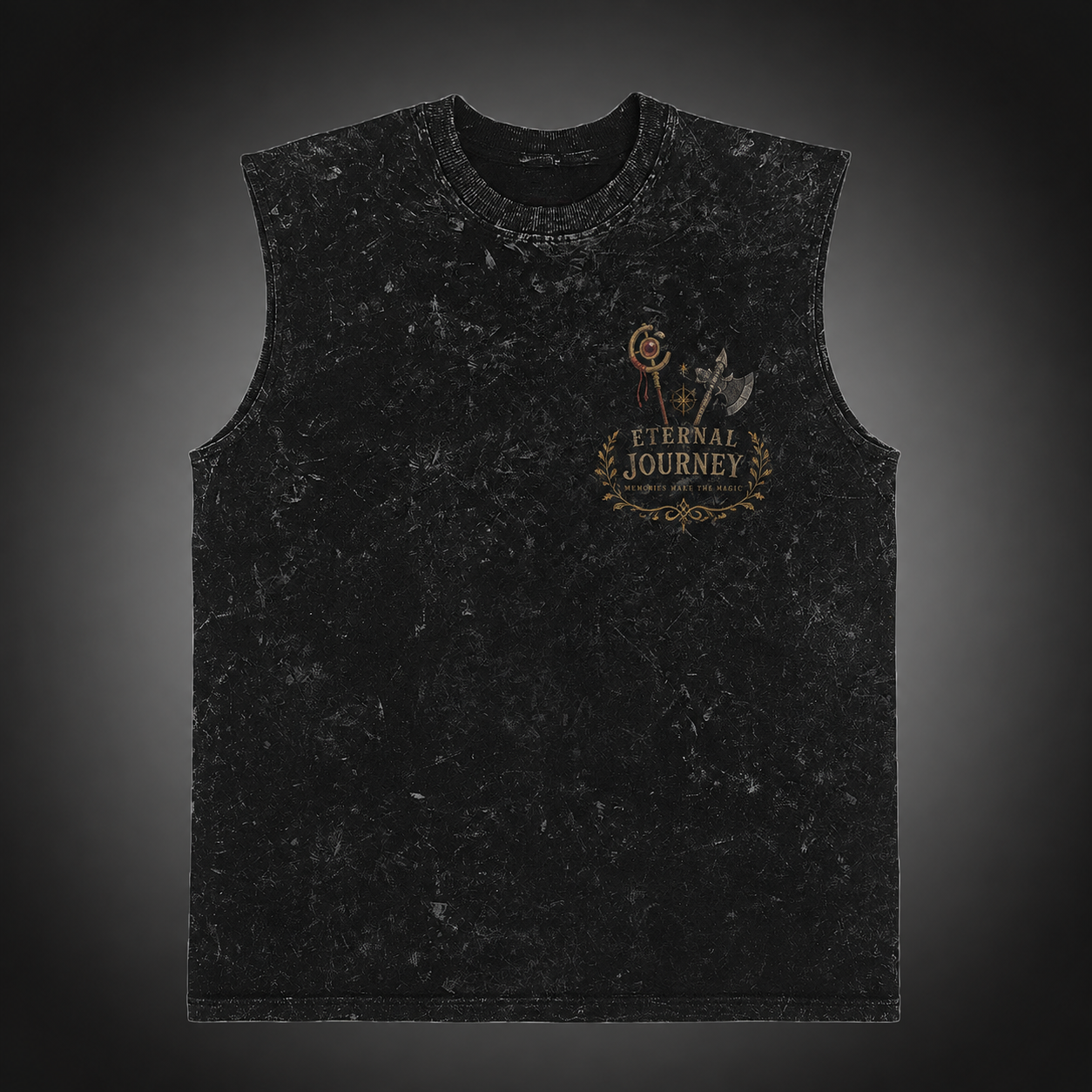 Washed black tank top with Frieren, Fern, Stark Eternal Journey Crew graphic – photo 2