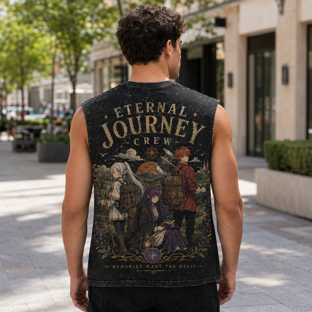 Washed black tank top with Frieren, Fern, Stark Eternal Journey Crew graphic – photo 3