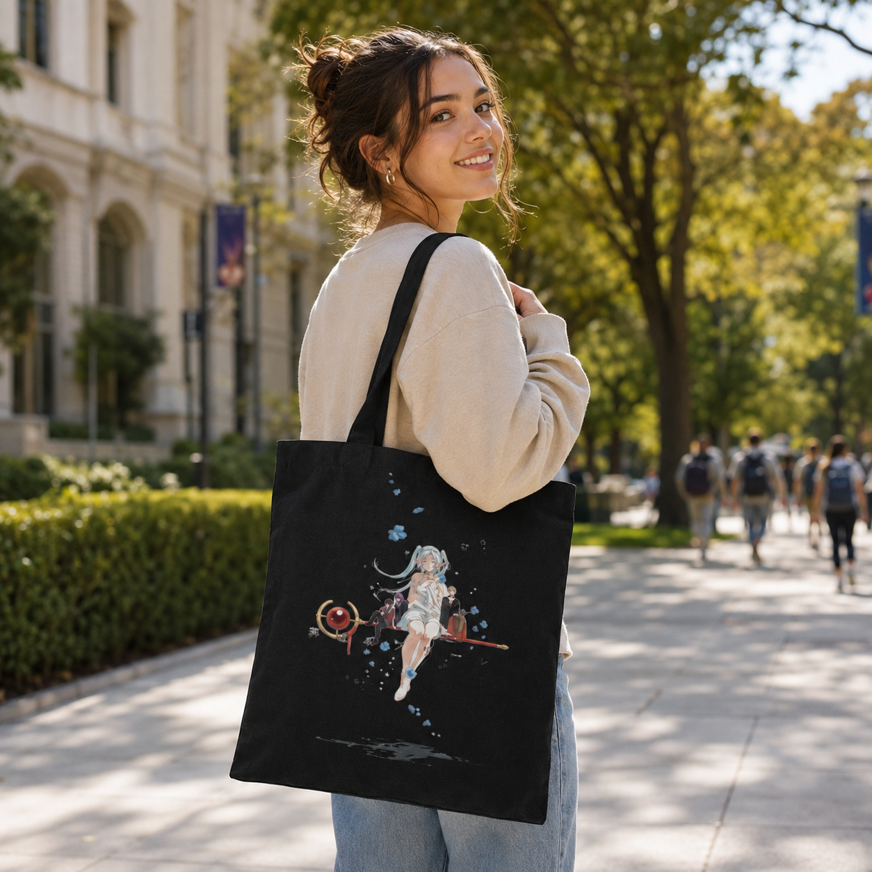 Black tote bag with Frieren, Fern, Stark Floating Reverie graphic – photo 3