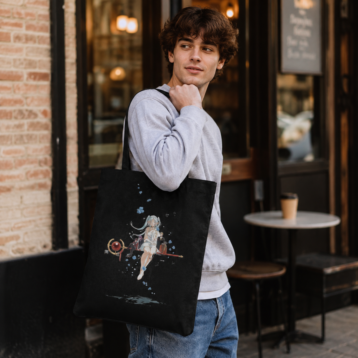 Black tote bag with Frieren, Fern, Stark Floating Reverie graphic – photo 4